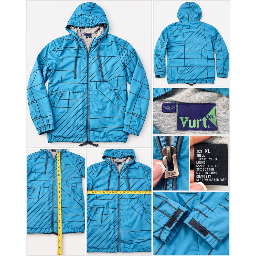 Vurt Mens XL Y2K Skater Windbreaker Jacket Blue Geometric Print Hooded Full Zip